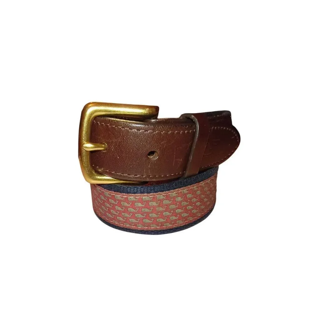 Vineyard Vines Men's Preppy Pink Whale Print Canvas & Leather Club Belt Size 32